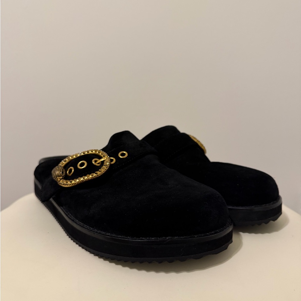 Kurt Geiger Mayfair Crystal Embellished Eagle Head Buckle Black Mules